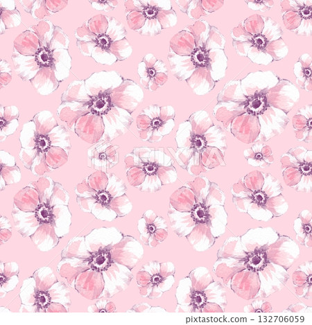 Seamless Hand-drawn Pink Anemone Flower Pattern Illustration 132706059