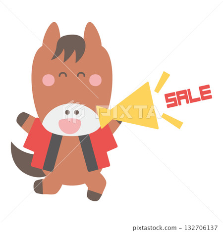 Illustration of a cute horse character wearing a happi coat advertising a sale with a megaphone 132706137