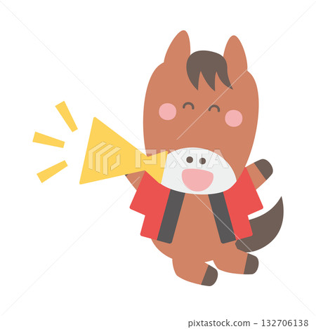 Cute horse character illustration wearing a happi coat and holding a megaphone while jumping to attract customers 132706138