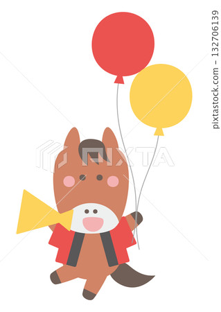 Cute horse character illustration wearing a happi coat holding a megaphone and balloons 132706139