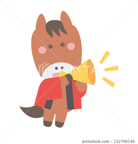 Cute horse character illustration wearing a happi coat holding a megaphone with both hands 132706140