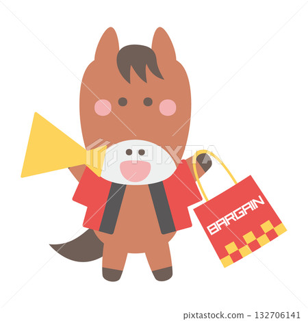 Cute horse character illustration wearing a happi coat holding a shopping bag and a megaphone 132706141