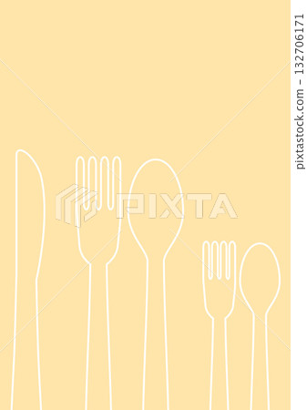 Bright dining table design with blank space, line illustration of cutlery and pastel yellow background 132706171
