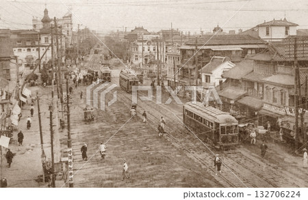 Old photo, 1907-1918, Tokyo, Ginza Chuo-dori, panorama of the Ginza area seen from Shinbashi Old photo, 1907-1918, Tokyo, Ginza Chuo-dori, panorama of the Ginza area seen from Shinbashi 132706224