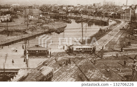 Old photo, 1907-1918, Tokyo, panorama of Sukiyabashi Bridge and the Sotobori River Old photo, 1907-1918, Tokyo, panorama of Sukiyabashi Bridge and the Sotobori River 132706226