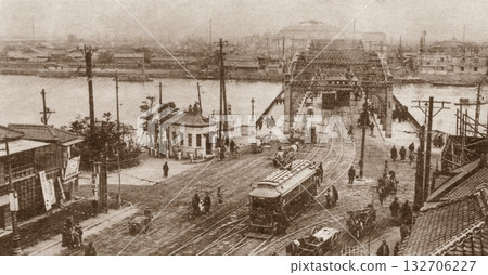 Old photo, 1907-1918, Tokyo, panorama of the Sumida River and Ryogoku Bridge 132706227