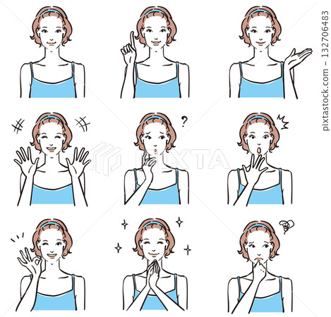 穿著吊帶背心的女性的各種表情 正常 1 132706483