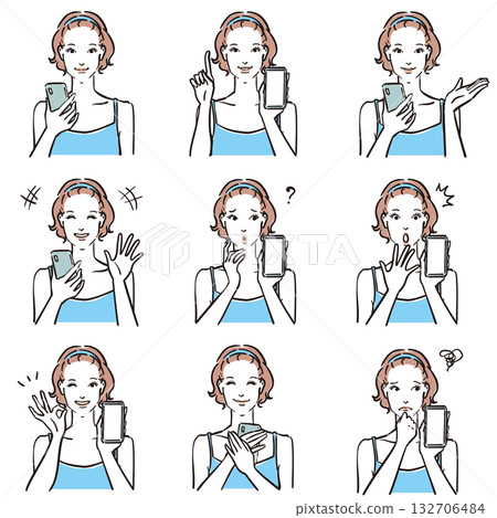 Various expressions of a woman in a camisole Smartphone Various expressions of a woman in a camisole Smartphone 132706484