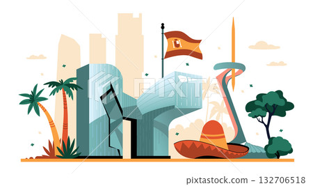 Spanish modern architecture - colorful flat design style illustration 132706518