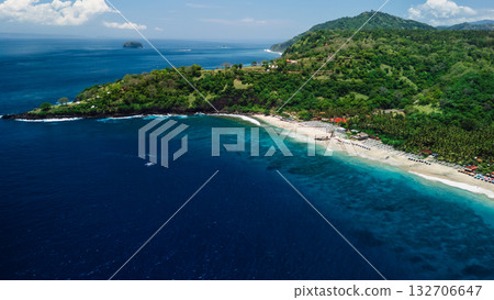 Aerial view of Virgin beach in East Bali, scenic coastline Aerial view of Virgin beach in East Bali, scenic coastline 132706647
