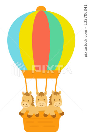 一幅扁平化設計的插畫，描繪了一匹可愛的小馬乘坐彩色熱氣球享受旅程的場景。 132706841