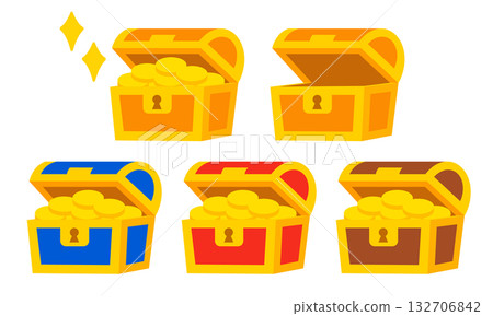 An exciting colorful flat illustration set of treasure chests filled with gold coins and empty boxes An exciting colorful flat illustration set of treasure chests filled with gold coins and empty boxes 132706842