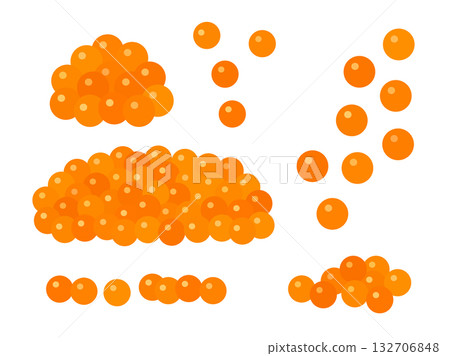 一組精美的海鮮食材扁平化插畫，包括擺放漂亮的橙色鮭魚籽。 132706848