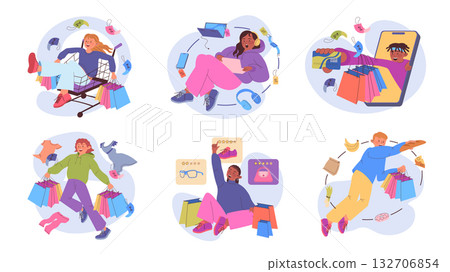 Shopping concept set with cartoon people for web design. Collection with man and woman buyers do purchases in retail shops and online stores, ordering and paying credit card. Vector illustration. 132706854