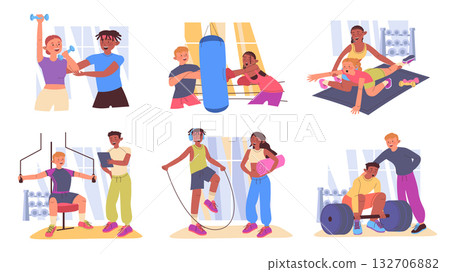 Fitness at gym concept set with cartoon people for web design. Collection with athletes training with dumbbells, boxing, do pilates, yoga, exercising with trainer, weightlifting. Vector illustration. 132706882