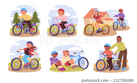 Children cycling concept set with cartoon people for web design. Collection with boys and girls in helmets riding bicycles in park or city streets, enjoy freedom, parent support. Vector illustration. Children cycling concept set with cartoon people for web design. Collection with boys and girls in helmets riding bicycles in park or city streets, enjoy freedom, parent support. Vector illustration. 132706886