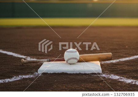 A baseball bat and ball are placed on a base at a dirt field. White chalk lines mark the field in the background at sunset. 132706935