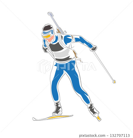 Biathlon racer, isolated vector drawing. Flat design illustration of biathlon skier. Winter sports, front view Biathlon racer, isolated vector drawing. Flat design illustration of biathlon skier. Winter sports, front view 132707113