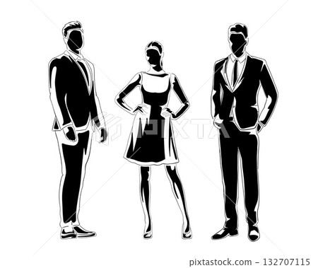 Business people, business men and woman standing, line art business fashion, isolated vector illustration Business people, business men and woman standing, line art business fashion, isolated vector illustration 132707115