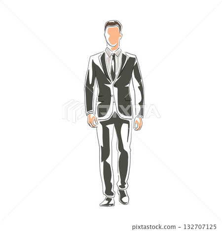 Business man walking forward, front view. Man in formal suit. Line art isolated vector illustration 132707125