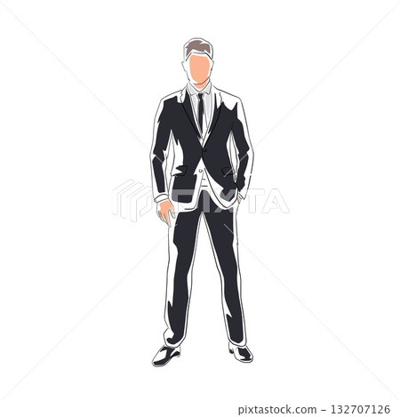 Businessman standing with hand in pocket. Man in suit, front view, abstract line art vector illustration. 132707126