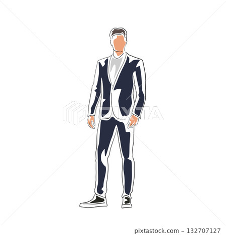 Flat design illustration of a businessman in a suit standing, front view. Can represent model, manager, office worker, professional. 132707127