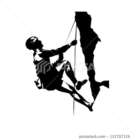 Climber on vertical wall, mountaineer climbing rock face on ropes, isolated vector silhouette, side view Climber on vertical wall, mountaineer climbing rock face on ropes, isolated vector silhouette, side view 132707129