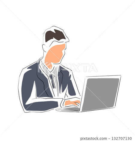 Man in office working on laptop, business man in suit. Isolated flat design vector illustration. Line art clip art 132707130