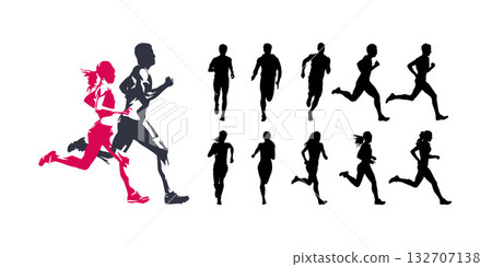 Run, group of running people. Marathon running men and women, set of isolated vector silhouettes. Track and field athletes 132707138