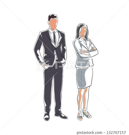 Business people, man and woman standing, business fashion, isolated vector illustration Business people, man and woman standing, business fashion, isolated vector illustration 132707157