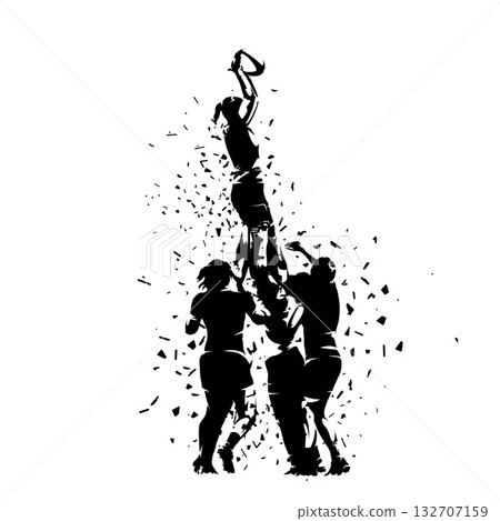 Rugby women, line-out. Lifters with jumper. Isolated vector silhouette with dispersion effect 132707159
