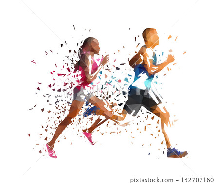 Run, running people - man and woman, low poly isolated vector sports illustration, side view. Track and field athletes 132707160