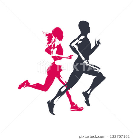 Marathon run, running people man and woman. Run logo, isolated vector silhouette Marathon run, running people man and woman. Run logo, isolated vector silhouette 132707161