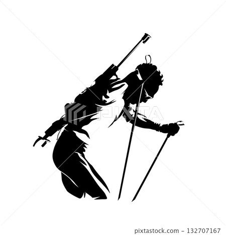 Biathlon, high contrast vector illustration of a biathlon athlete skiing with a rifle on the back, side view, winter sports competition. 132707167