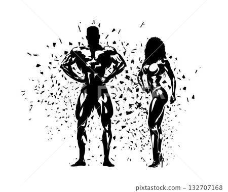 Bodybuilding, group of posing bodybuilders, man and woman, isolated vector silhouette with dispersion effect 132707168