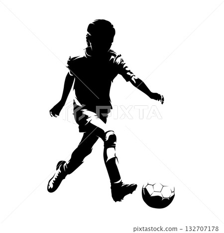 Young female soccer player, isolated vector silhouette. Active girl playing football 132707178
