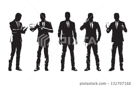 Business people, group of standing businessmen. High contrast isolated vector silhouettes. Business men in suit with mobile phone Business people, group of standing businessmen. High contrast isolated vector silhouettes. Business men in suit with mobile phone 132707188