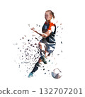 Soccer, female football player kicking ball, low polygonal isolated vector illustration. Woman playing soccer, team sport athlete 132707201