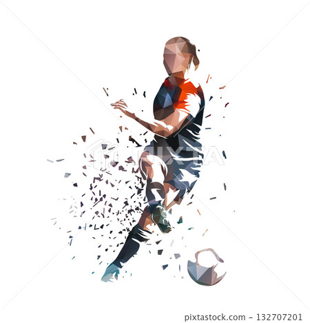 Soccer, female football player kicking ball, low polygonal isolated vector illustration. Woman playing soccer, team sport athlete 132707201