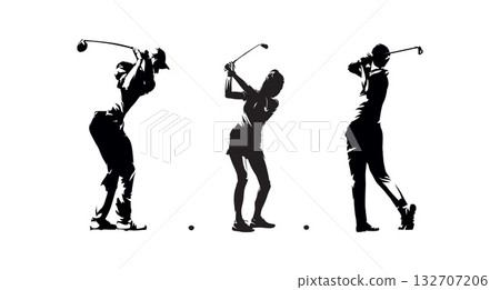 Golf, group of men and women playing golf, set of isolated vector silhouettes 132707206