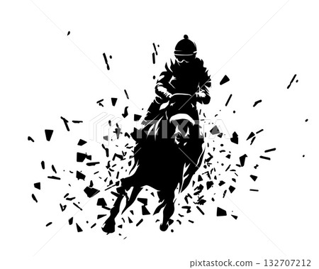 Horse racing. High contrast vector illustration of a jockey riding a horse at full speed, front view Horse racing. High contrast vector illustration of a jockey riding a horse at full speed, front view 132707212