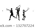 Tennis, group of men and women playing tennis, isolated vector silhouettes 132707224