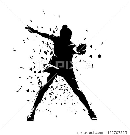 Table tennis player, woman playing ping pong, front view, isolated vector silhouette. Sports with dispersion effect Table tennis player, woman playing ping pong, front view, isolated vector silhouette. Sports with dispersion effect 132707225