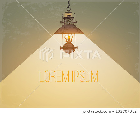 Single hanging vintage lantern casting warm light on a textured background. Vector illustration with place for your text. Single hanging vintage lantern casting warm light on a textured background. Vector illustration with place for your text. 132707312