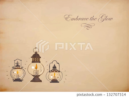 Three vintage doodle lanterns emitting warm light on vintage textured background. Vector sketch illustration with place for your text Three vintage doodle lanterns emitting warm light on vintage textured background. Vector sketch illustration with place for your text 132707314