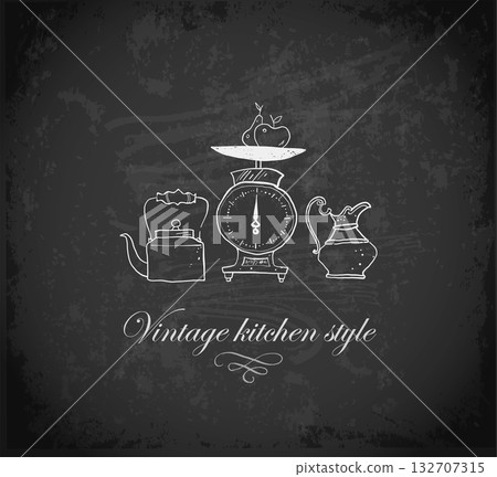 Kitchen doodles. Composition with teapot, kitchen scale with fruit, and coffee grinde ron blackboard background Kitchen doodles. Composition with teapot, kitchen scale with fruit, and coffee grinde ron blackboard background 132707315