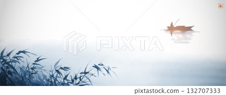 Blue Vector sumi-e artwork of a lone fisherman in a boat on calm misty water, with bamboo in the foreground and a serene atmosphere. Hieroglyph - eternity 132707333