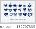 Collection of hand-drawn doodle heart vectors in blue on graph paper background, featuring various artistic styles 132707335