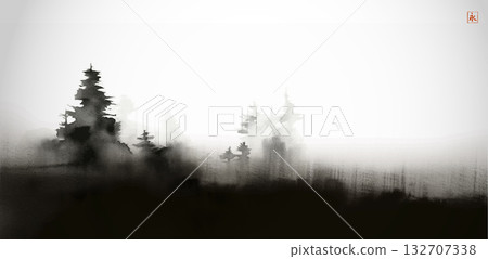 Vector sumi-e landscape of misty mountains and pine trees in soft black ink, creating a serene and atmospheric scene.Traditional Japanese ink wash painting sumi-e. Translation of hieroglyph - eternity 132707338