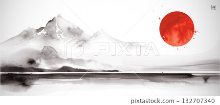 Minimalist landscape with big red sun over misty mountains. Traditional Japanese ink wash painting sumi-e. Translation of hieroglyph - zen 132707340